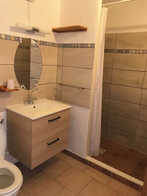 Une salle de bain comprenant des toilettes, un lavabo, un miroir et un espace douche.