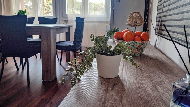 A dining area with a wooden table, blue chairs, a bowl of oranges, and a potted plant. - Casa Carolina by Case al Lago (Desenzano del Garda)