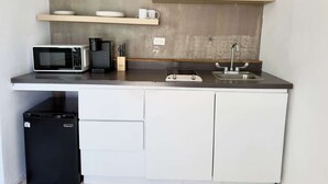 Una cocina compacta con microondas, tostadora, lavamanos y estantes para guardar objetos.