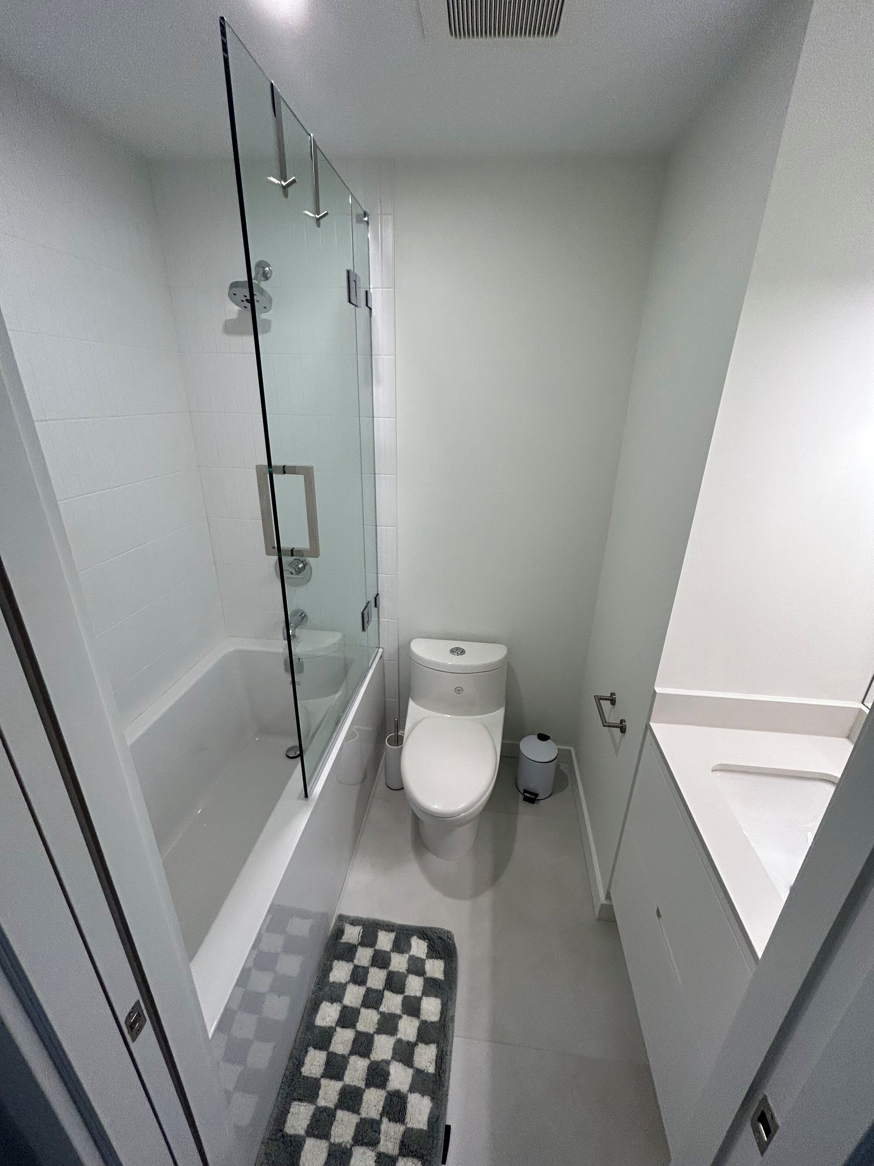 Hair dryer, towels, soap, toilet paper