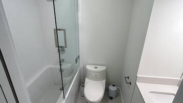 Hair dryer, towels, soap, toilet paper