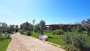 A stone pathway leading to a building with a stone facade, surrounded by greenery and a clear blue sky.