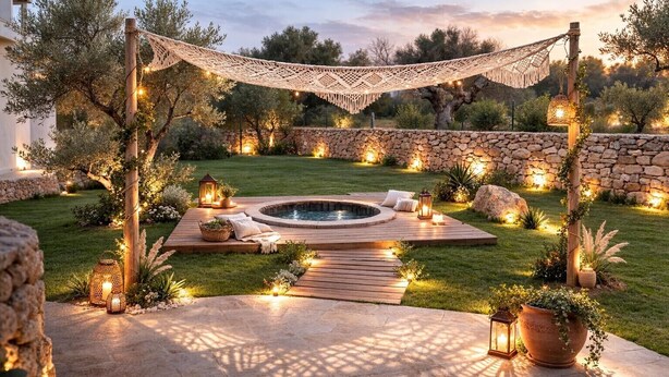 Un bain à remous entouré d’un mur de pierres, d’une terrasse en bois et illuminé de guirlandes lumineuses.