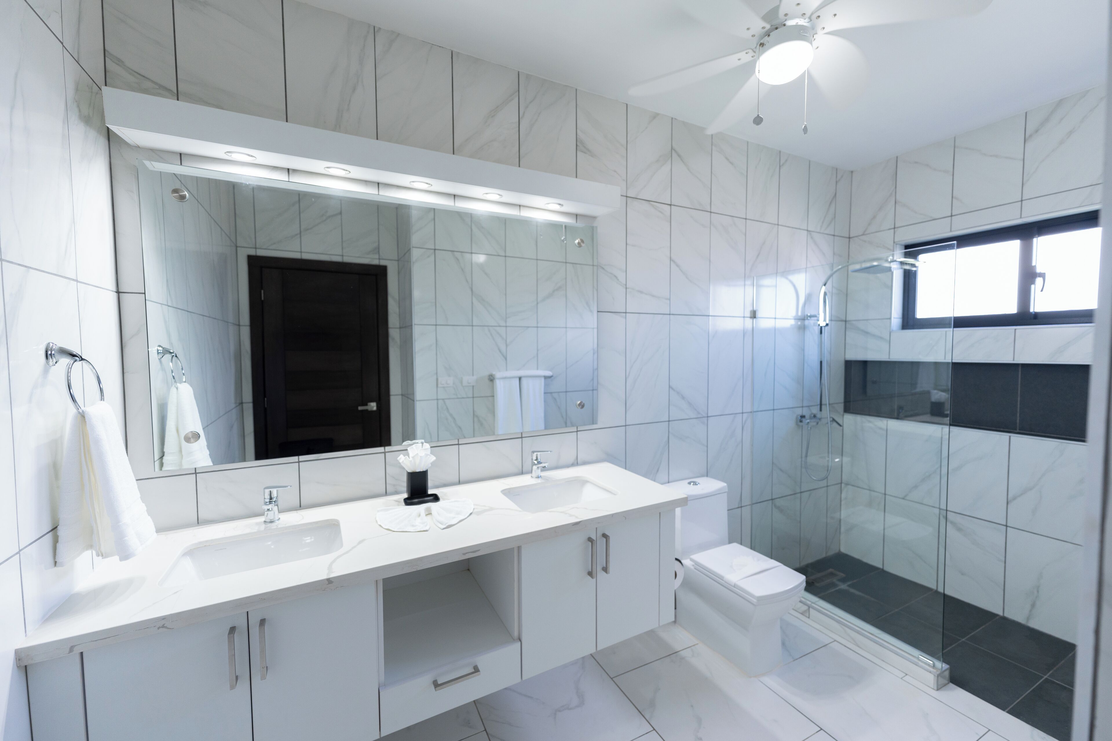 A modern bathroom with a large mirror, two sinks, a toilet, and a glass shower enclosure.