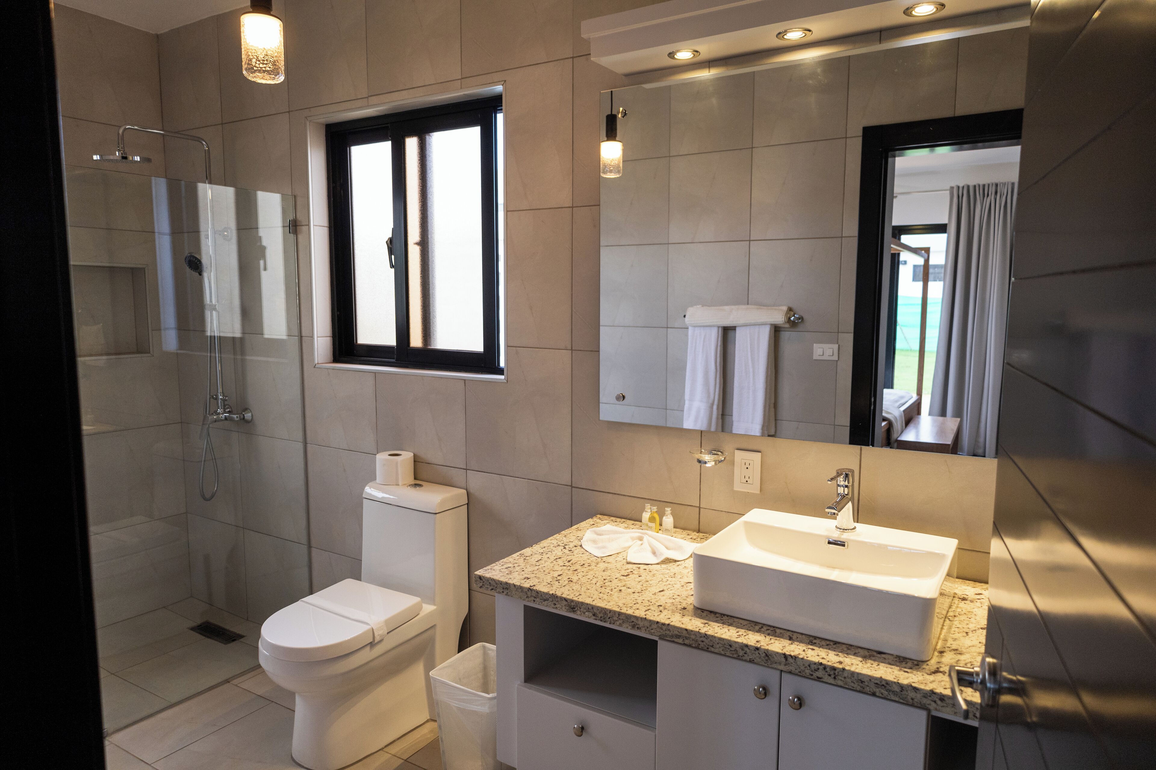 A modern bathroom with a glass-enclosed shower, a toilet, a sink with a vanity, and a large mirror.