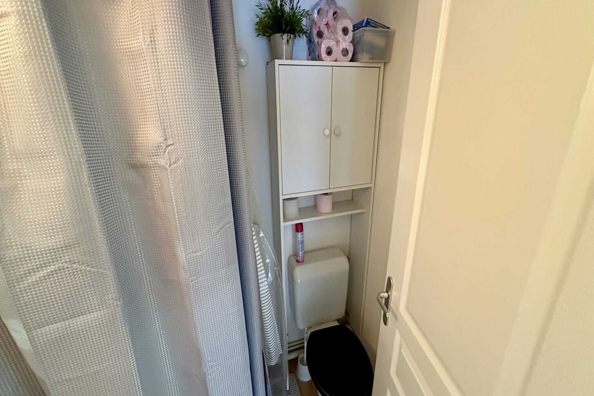 Ett litet badrum med en toalett, ett skåp med toalettartiklar och en duschdraperi.