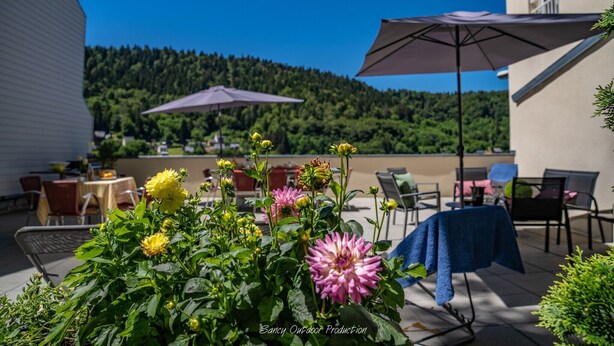 A patio with outdoor seating, a table, and a view of a forested hill. - Estate with Panoramic Sancy Views (Mont-Dore)