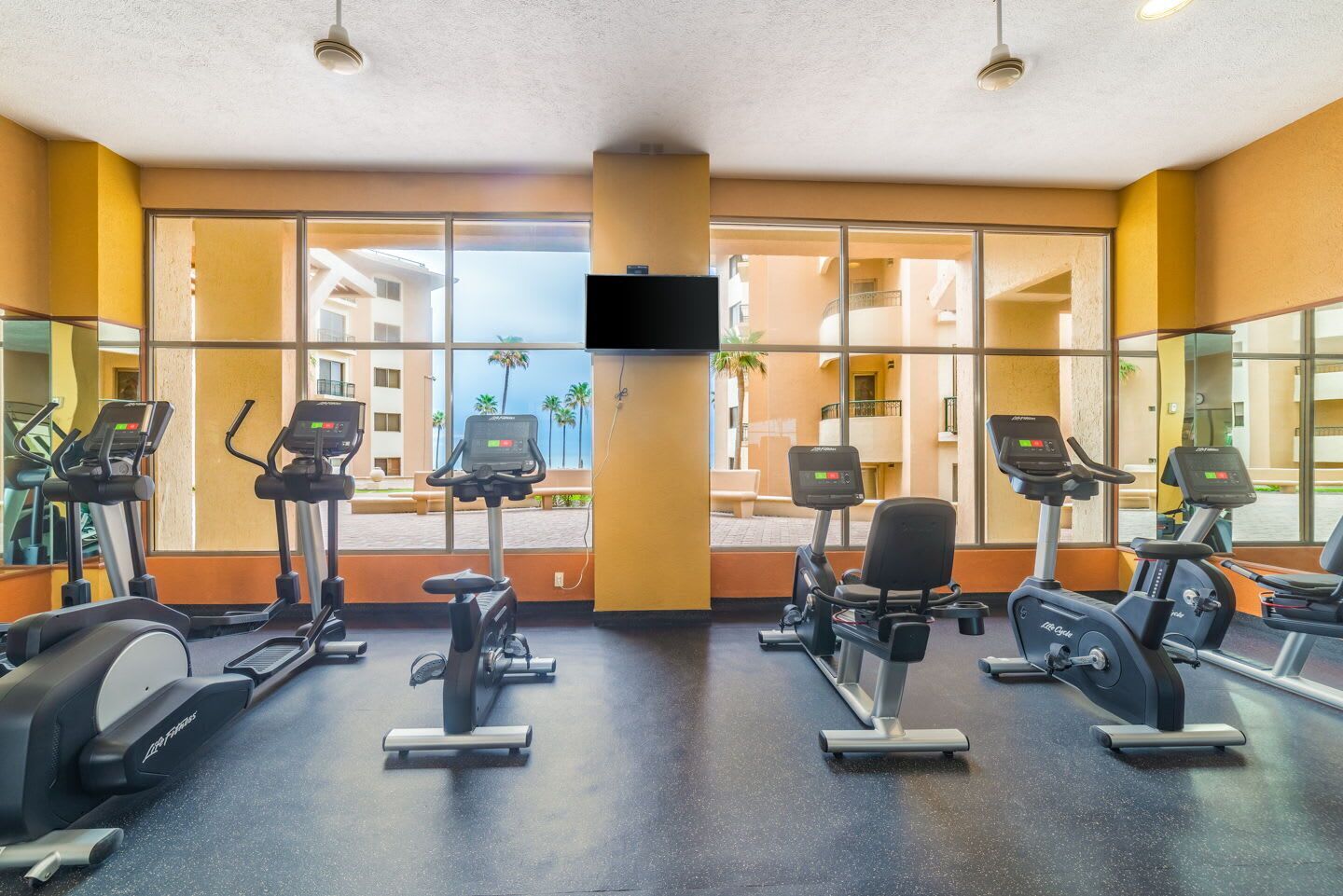 Ett gym med olika träningsmaskiner, stora fönster och utsikt över en byggnad och palmer.