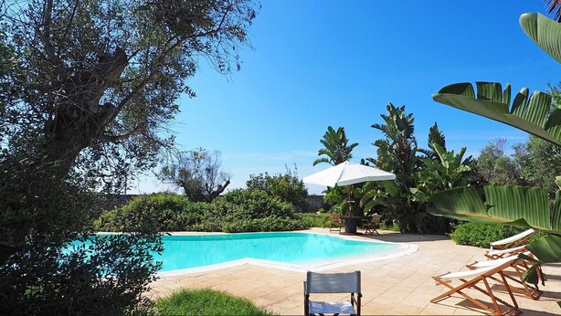 A swimming pool with lounge chairs and umbrellas, surrounded by tropical vegetation. - Room 'Villa Sterlizia - Lantana' with Shared Pool, Wi-Fi and Air Conditioning (Alliste)