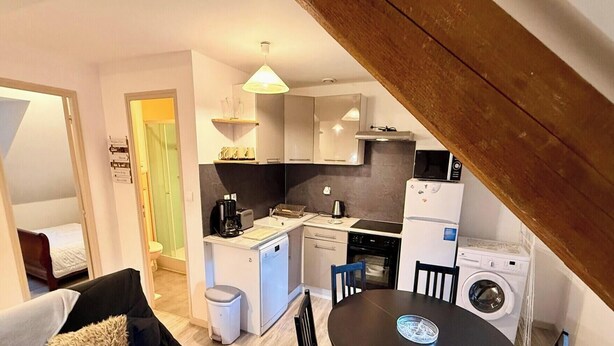 Ett kompakt bostadsutrymme med ett litet kök, en matplats och ett litet badrum.