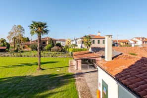 A residential area with houses, a grassy field, and a palm tree.