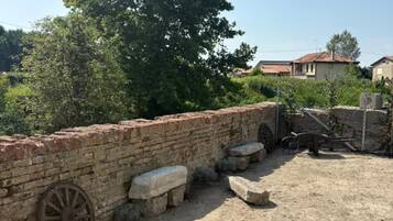 A rustic outdoor area with a brick wall, stone steps, and a large tree.