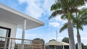 Un espacio exterior moderno con zona de estar cubierta, piscina con barrera de cuerda y altas palmeras.