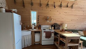A compact kitchen with wooden walls, a white refrigerator, a stove, and a sink. - A Frame Cabin In The Woods (Omaha)