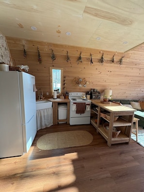 A compact kitchen with wooden walls, a white refrigerator, a stove, and a sink. - A Frame Cabin In The Woods (Omaha)