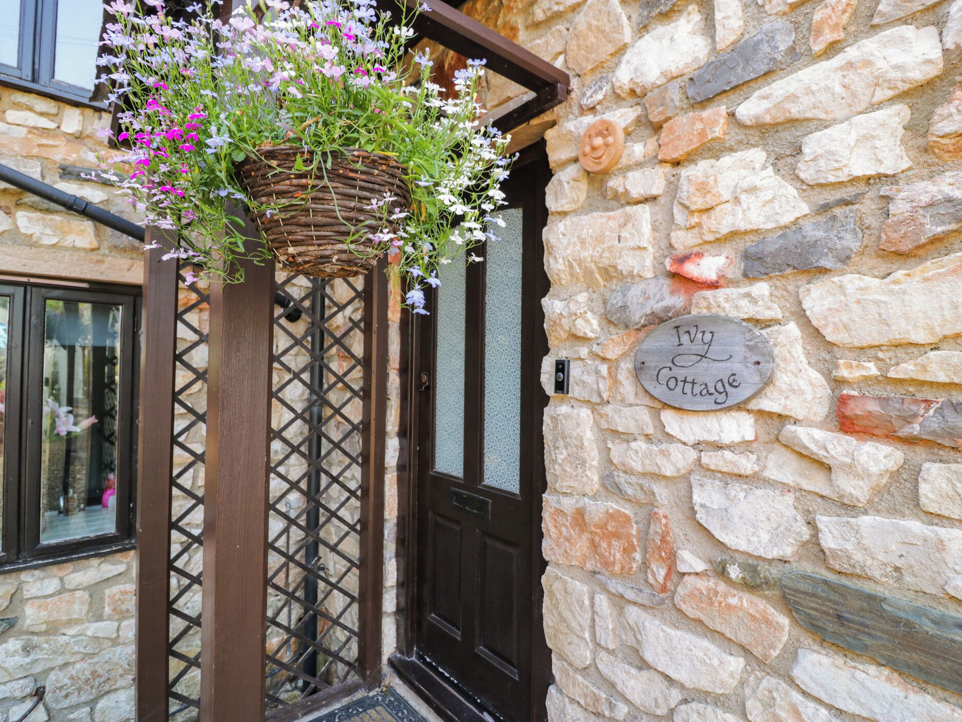 A stone cottage entrance with a wooden door, a hanging flower basket, and a sign reading 'Ivy Cottage.'