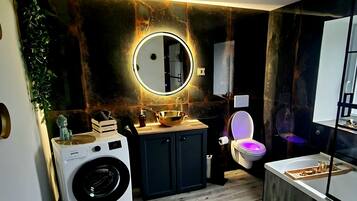 Hair dryer, towels, soap, shampoo