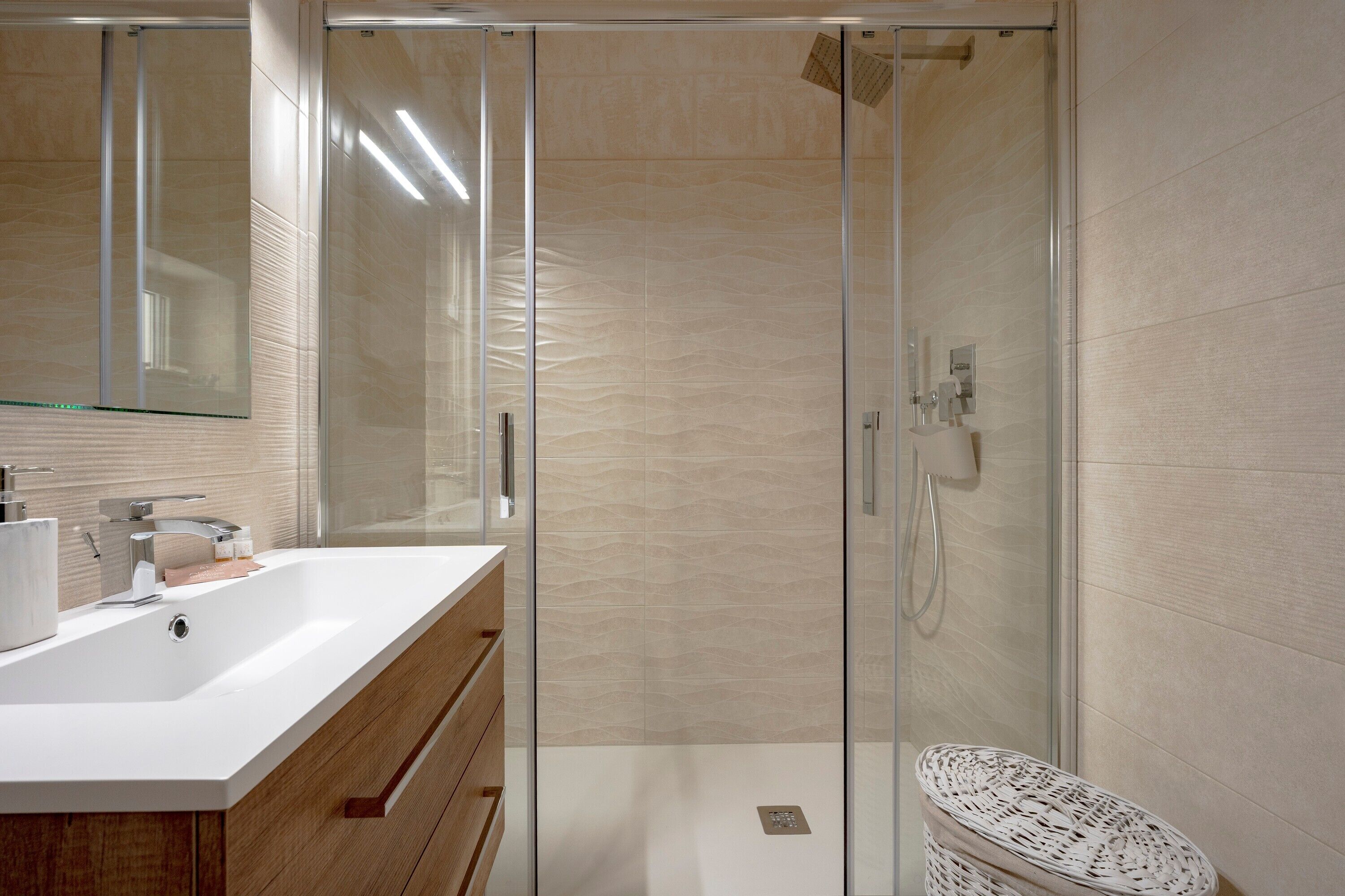 Shower, hair dryer, towels