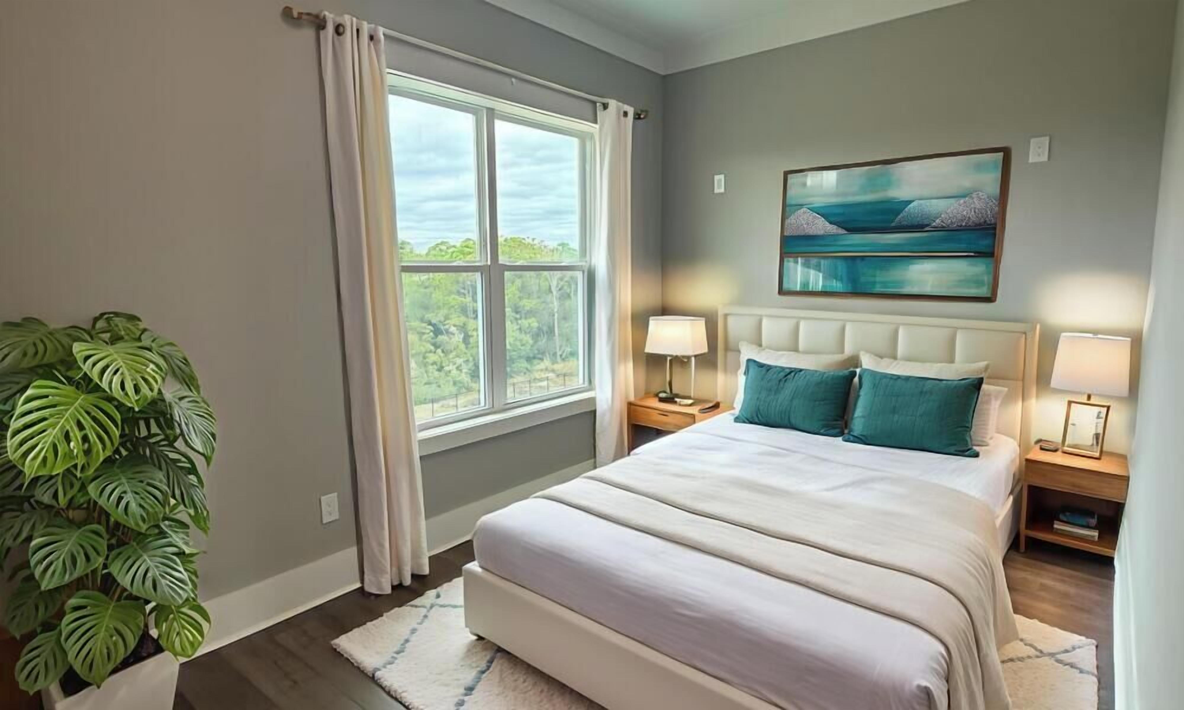 Une chambre avec un grand lit, deux tables de chevet avec des lampes, un tableau représentant un paysage, une fenêtre avec des rideaux et une plante en pot.