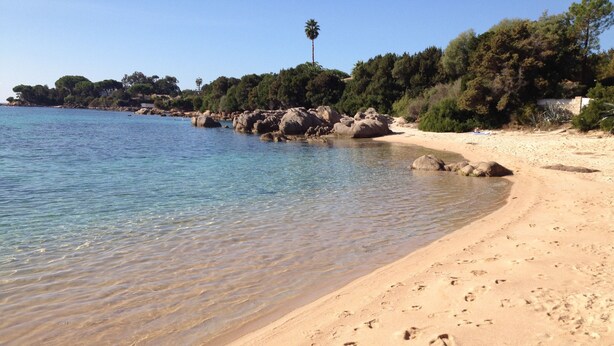 A sandy beach with clear water, footprints, and a rocky shoreline with trees. - Charming Waterfront Villa in Pietrosella, Corsica (Pietrosella)