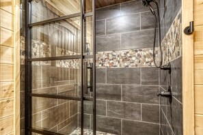 Shower, hair dryer, towels, soap - Luxury Adults Only Spa Cabin with Sauna, Massage Chair, Hot Tub, Towel Warmer (Gatlinburg)