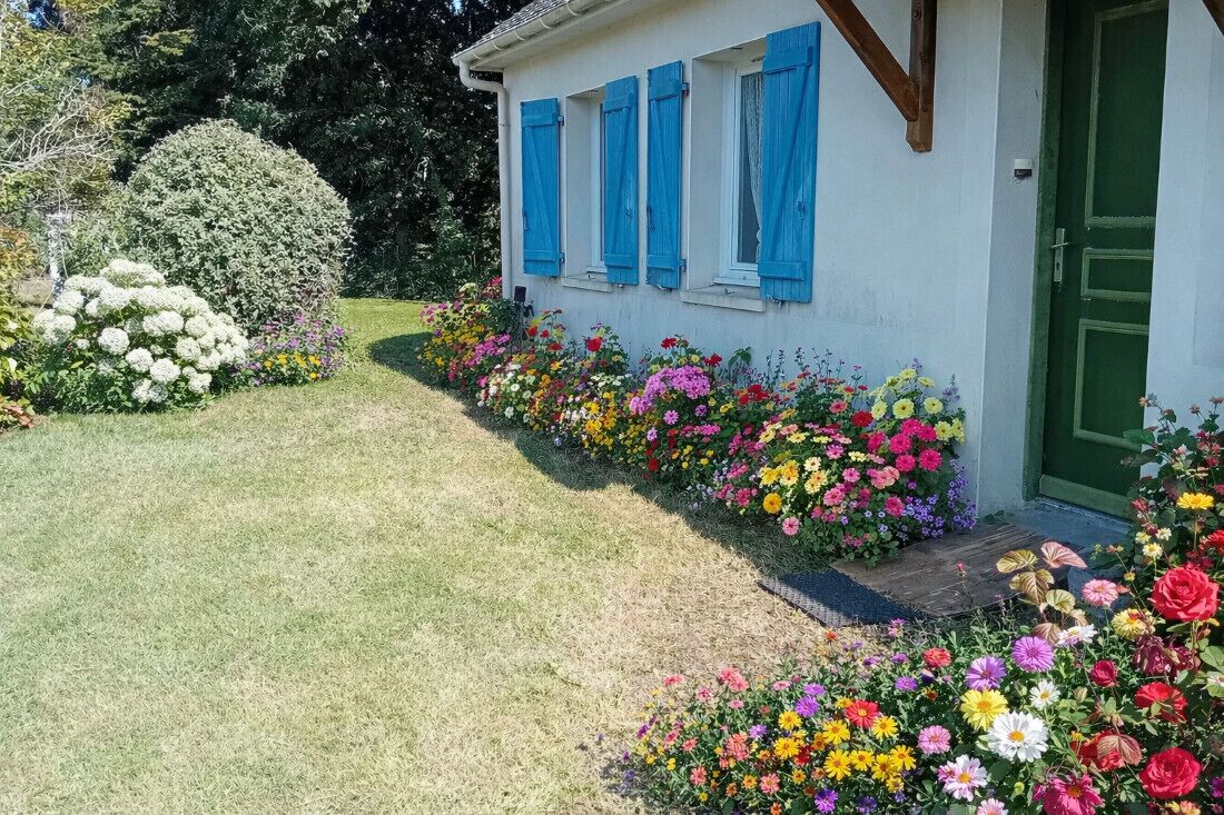 A white building with blue shutters, surrounded by a garden with various flowers and a neatly trimmed hedge.