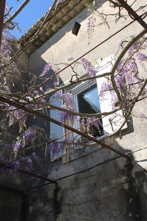 A building with a window, a tree with purple flowers, and a clear blue sky. - Provencal house with heated pool between Luberon & Alpilles - absolute calm (Cheval-Blanc)