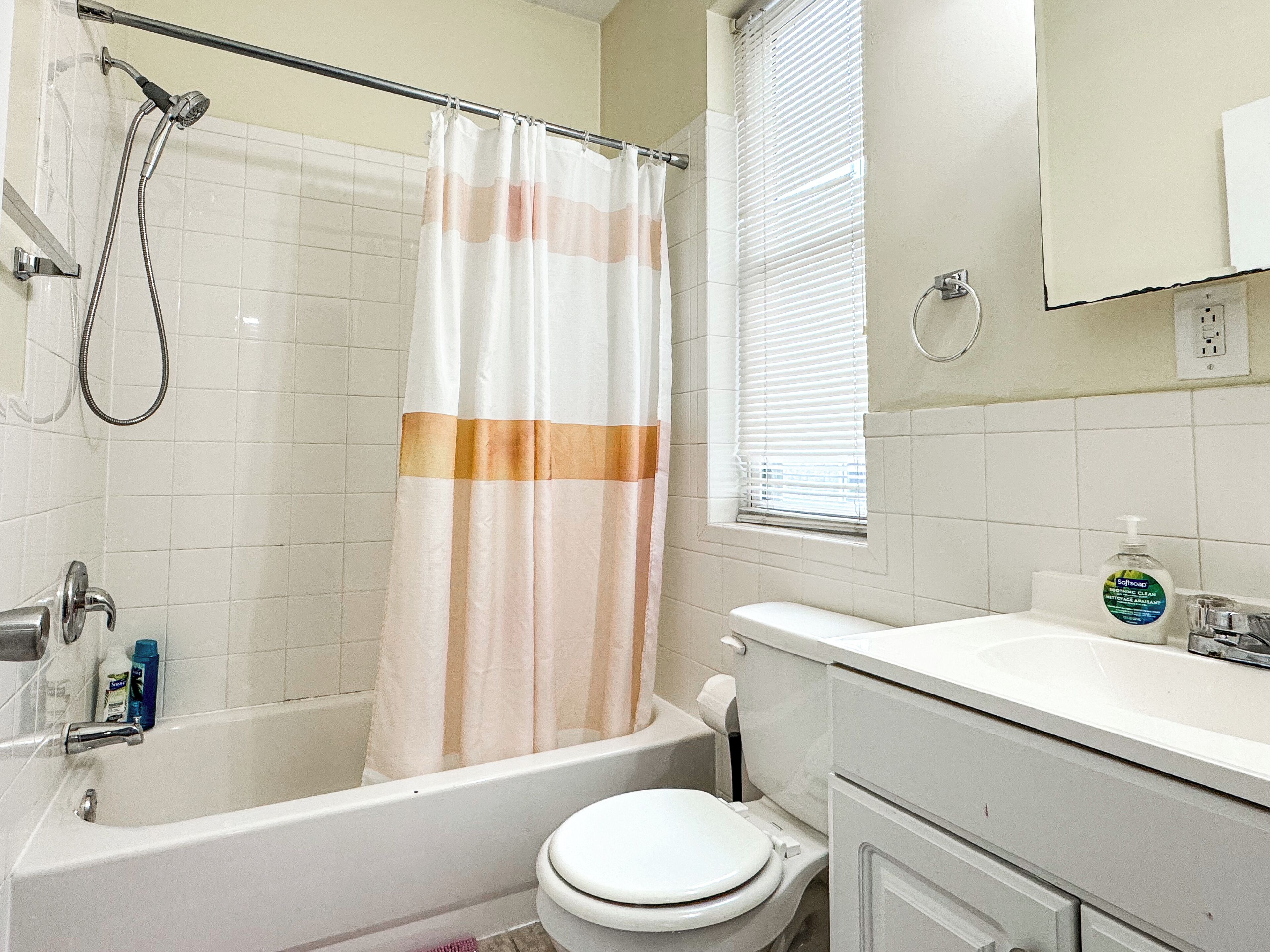 Hair dryer, towels, soap, toilet paper