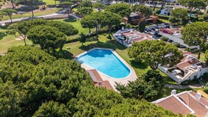 Vista aérea de un área residencial con piscina rodeada de árboles y casas.