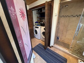 Dusche, Haartrockner, Handtücher, Seife