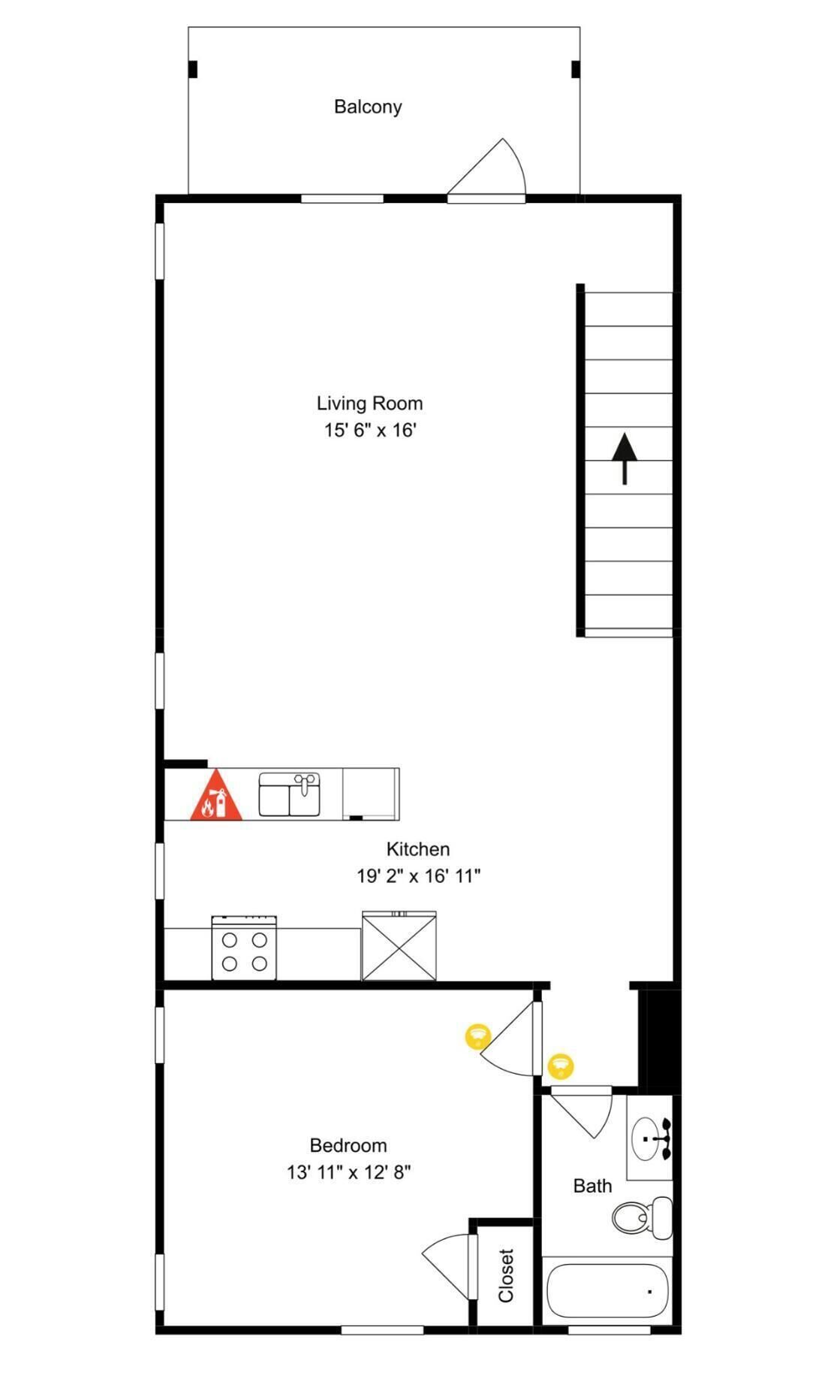Plano de planta de un apartamento tipo estudio con balcón, sala de estar, cocina, dormitorio y baño.