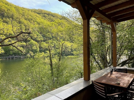 Outdoor dining. Haus am See: Lake View. Private Sauna. Fireplace. Pure Nature.