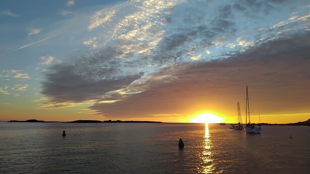 Un atardecer sobre un cuerpo de agua tranquilo con veleros.