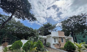 A modern two-story house with a white exterior and a stone chimney, surrounded by lush greenery and trees.