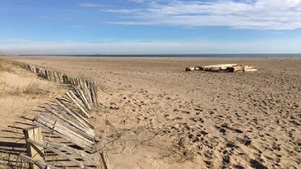 A sandy beach with a wooden fence and a large rock formation. - Charming Apartment in Saint Pierre La Mer with Pool and Parking (Fleury-Saint-Pierre-la-Mer)