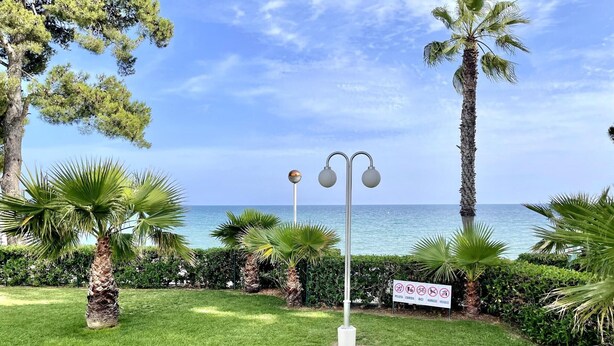 A well-maintained grassy area with palm trees and a sign indicating no parking, food, or bicycles. - Family Seafront Apartment - Pool, Air Conditioning, Terrace (Cambrils)