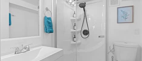 Hair dryer, towels, soap, shampoo