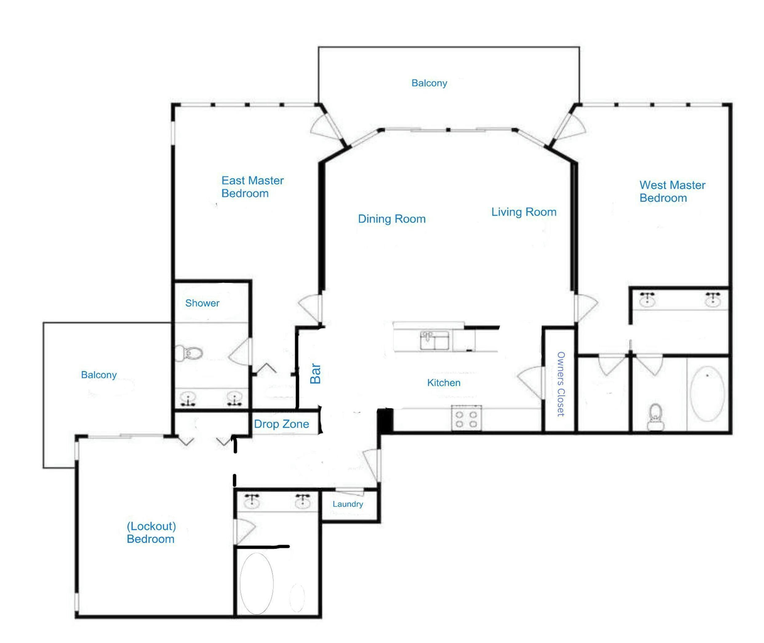 Plano de planta de un hotel con Dormitorios Master Este y Oeste, un Balcón, una Zona de Desembarco, un Dormitorio Aislado, una Ducha, un Bar, un Comedor, un Salón, una Cocina, un Lavadero, un Vestidor para Propietarios y un Baño.