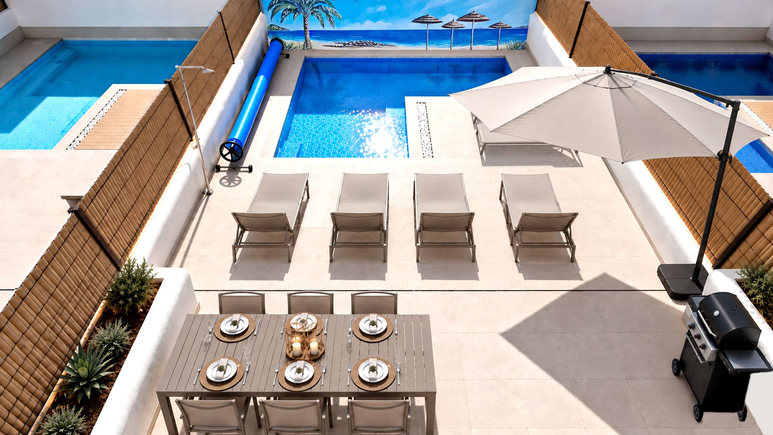 A rooftop pool area with multiple lounge chairs, a dining table set for four, and a barbecue grill.