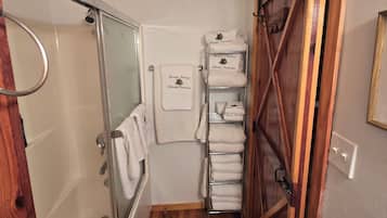 Hair dryer, towels, toilet paper