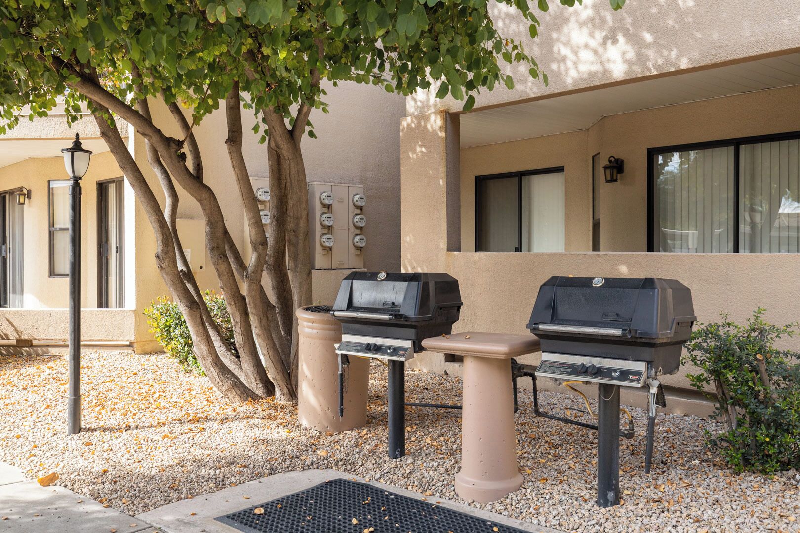 An outdoor grill area with two barbecue grills, a tree, and electrical panels on a building facade.