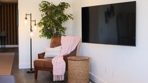 A modern living room with a brown leather chair, a potted plant, a round wooden side table, and a flat-screen TV mounted on the wall.