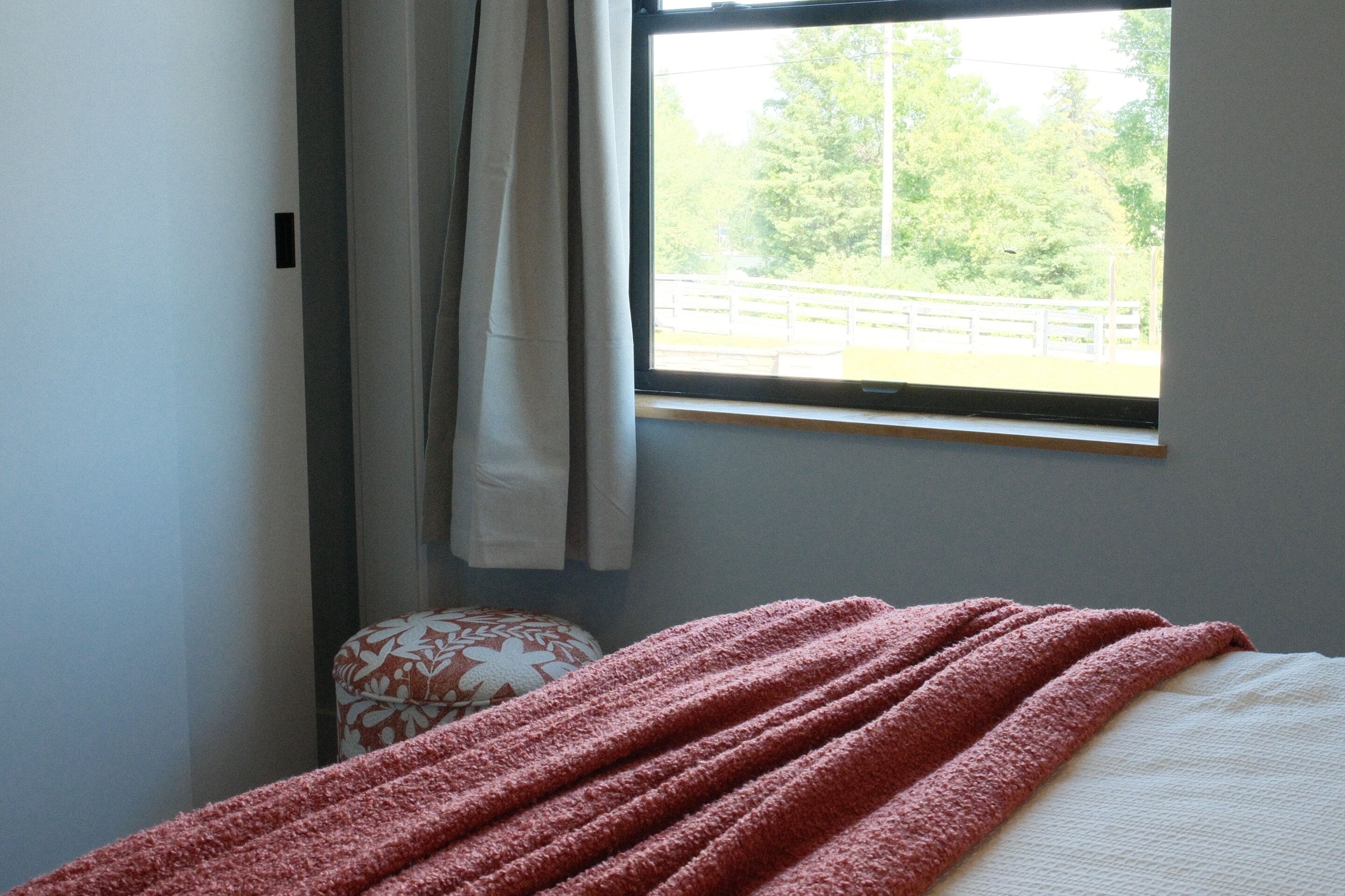 A bedroom with a bed, a window with a view of trees, a pillow, and a blanket.