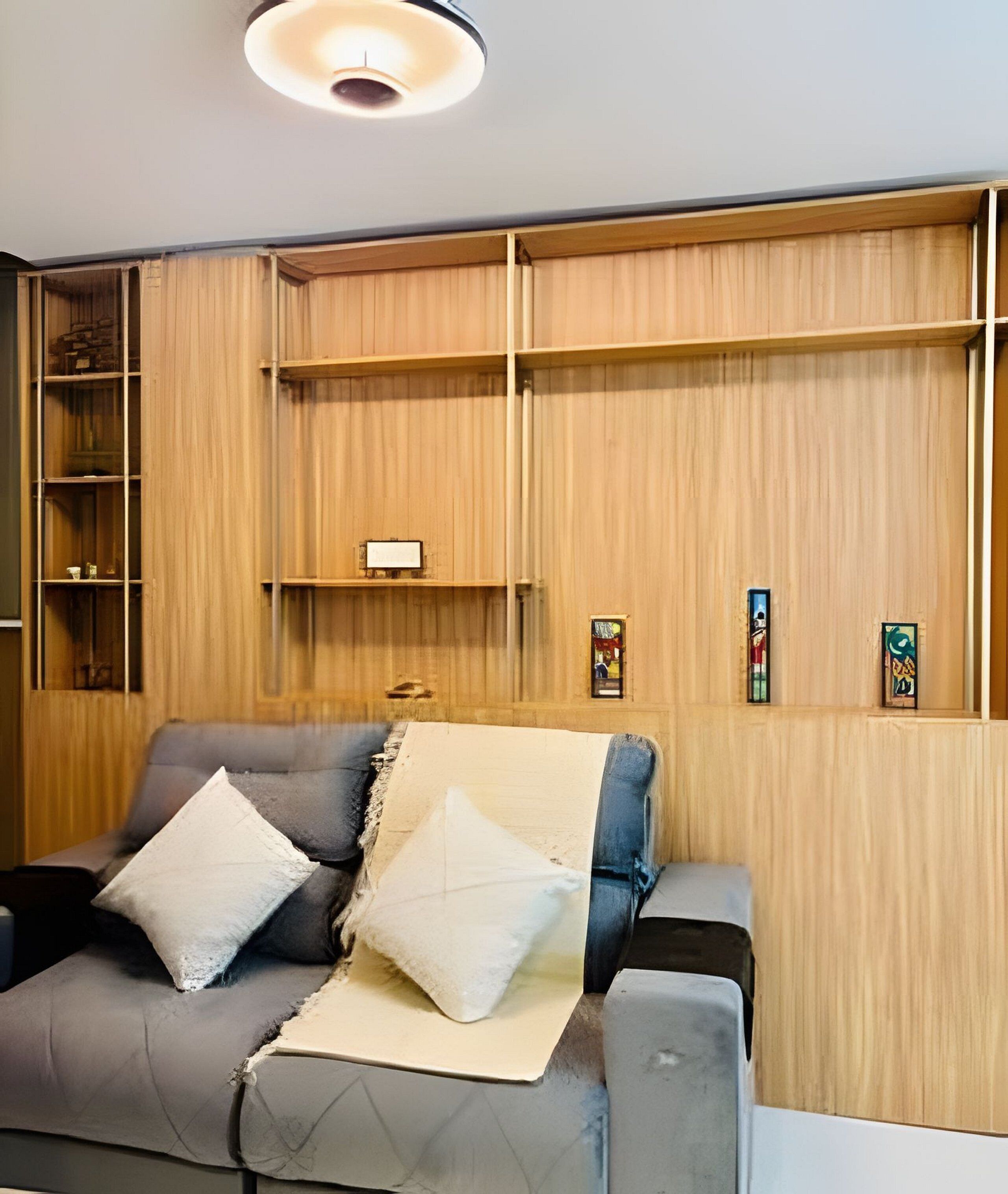 Ein Wohnzimmer mit einer Couch, zwei Kissen, einer Lampe, Holzregalen und einem kleinen Bilderrahmen.