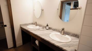 Shower, hair dryer, towels, toilet paper