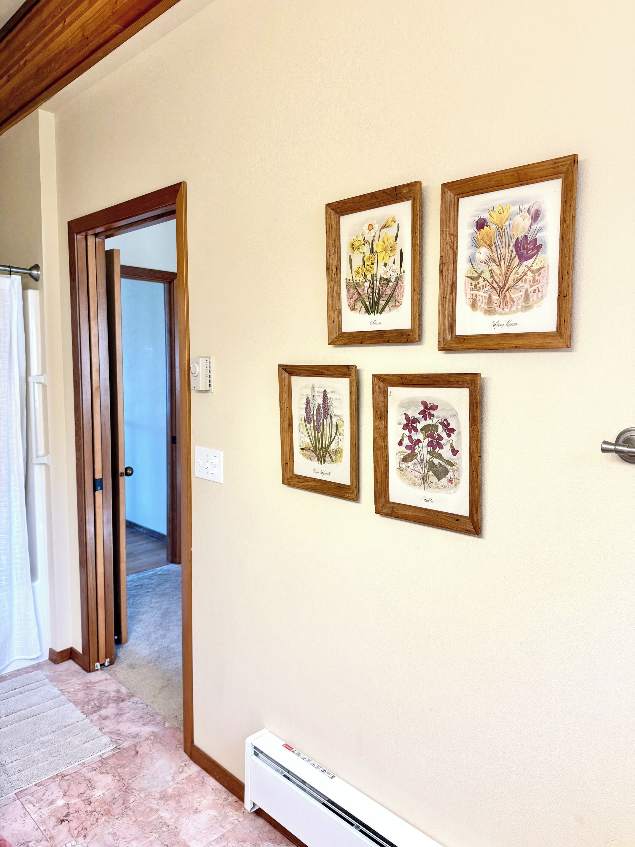 A hallway with four framed botanical prints on the wall, a door leading to another room, and a white air conditioning unit at the bottom.