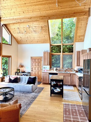 Älytelevisio, takka, pöytätennispöytä, kirjoja