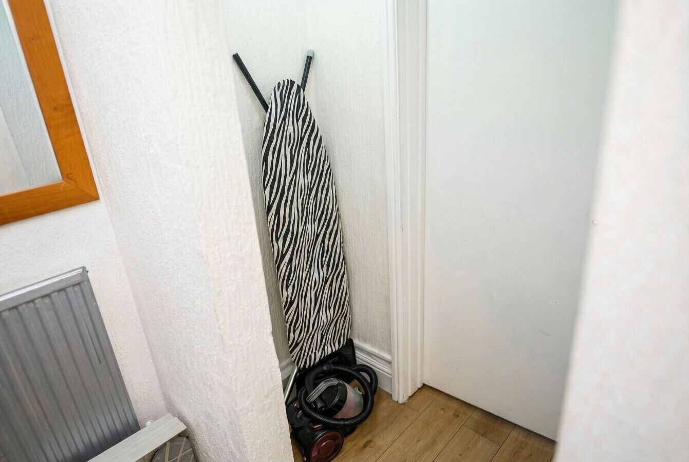 A corner of a room with a zebra-striped item hanging on the wall, a radiator, and a vacuum cleaner on the floor.