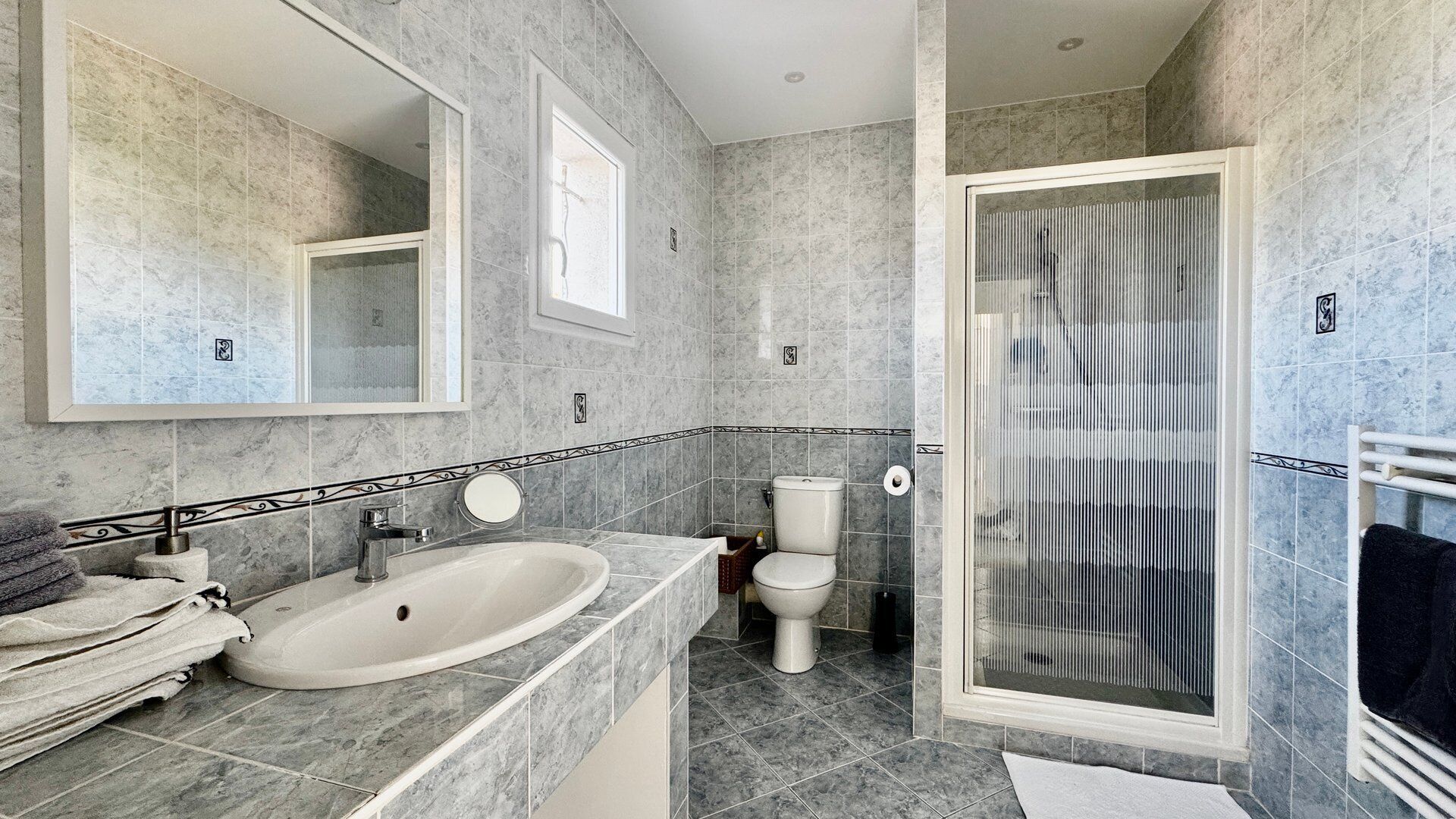 Une salle de bain avec un grand lavabo, des toilettes et un espace douche.