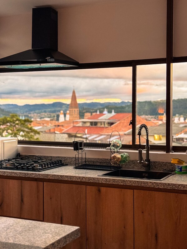 Une cuisine équipée d’une cuisinière moderne, d’un évier et d’une fenêtre donnant sur un paysage urbain avec une tour imposante.